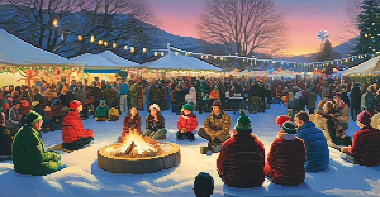 Families enjoying live performances at a winter festival, with musicians and dancers on stage, and colorful light displays in the background.