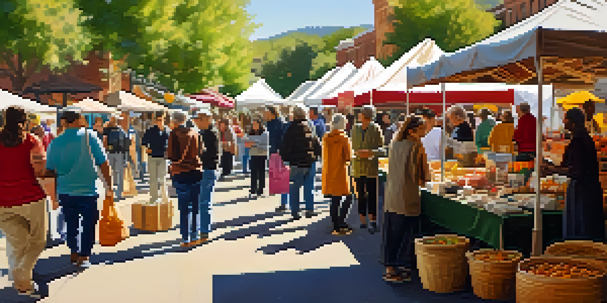 A lively outdoor market in Boulder with artisans selling colorful fair trade products, under warm sunlight.