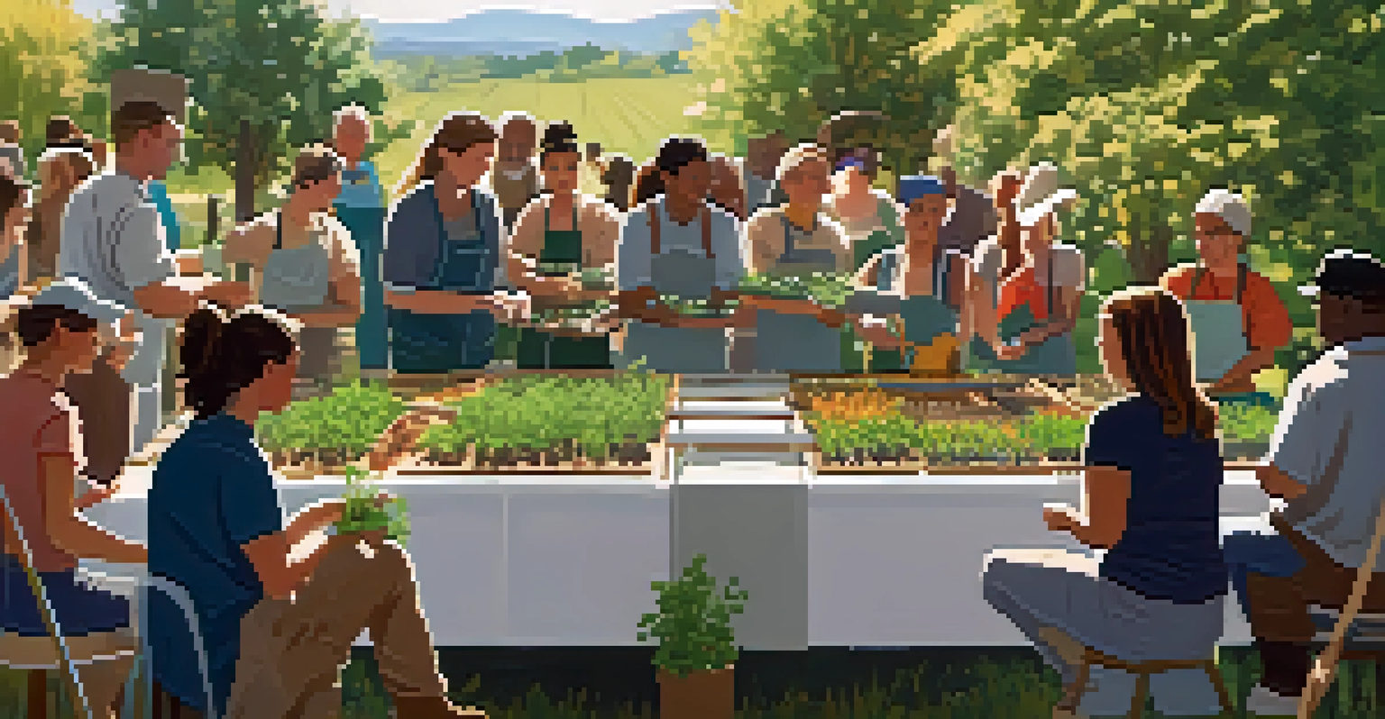 Adults participating in a gardening workshop at a festival, learning about sustainable practices under dappled sunlight.