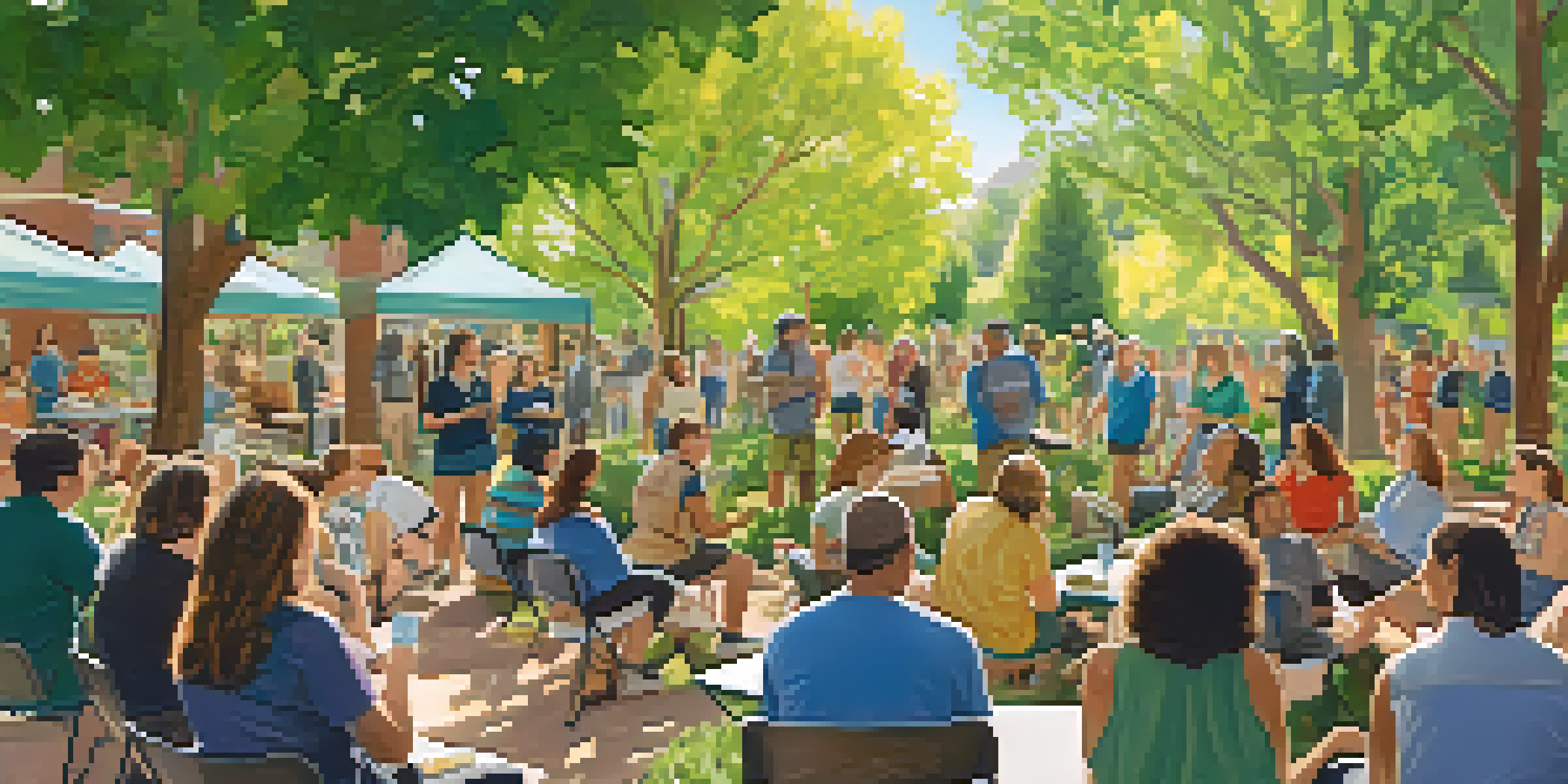A community workshop in Boulder, Colorado, with people discussing climate action under the sun, surrounded by greenery.