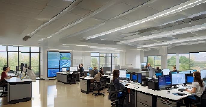 A diverse group of students and faculty working together in a modern lab, surrounded by technology and bright sunlight, symbolizing interdisciplinary research at CU Boulder.