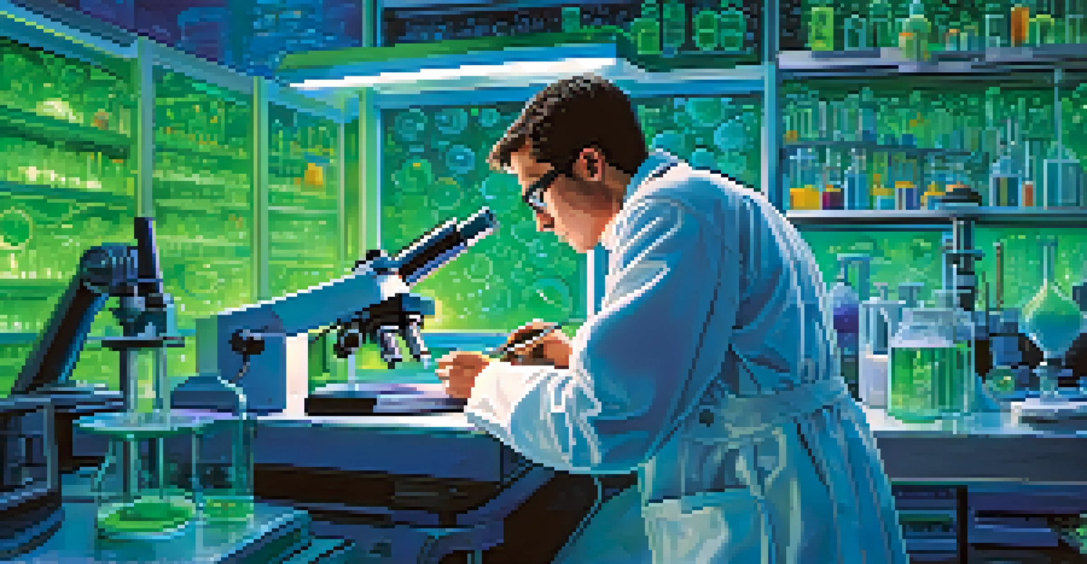 A scientist examining a glowing sample in a high-tech laboratory at CU Boulder, surrounded by advanced research equipment and colorful chemical reactions.