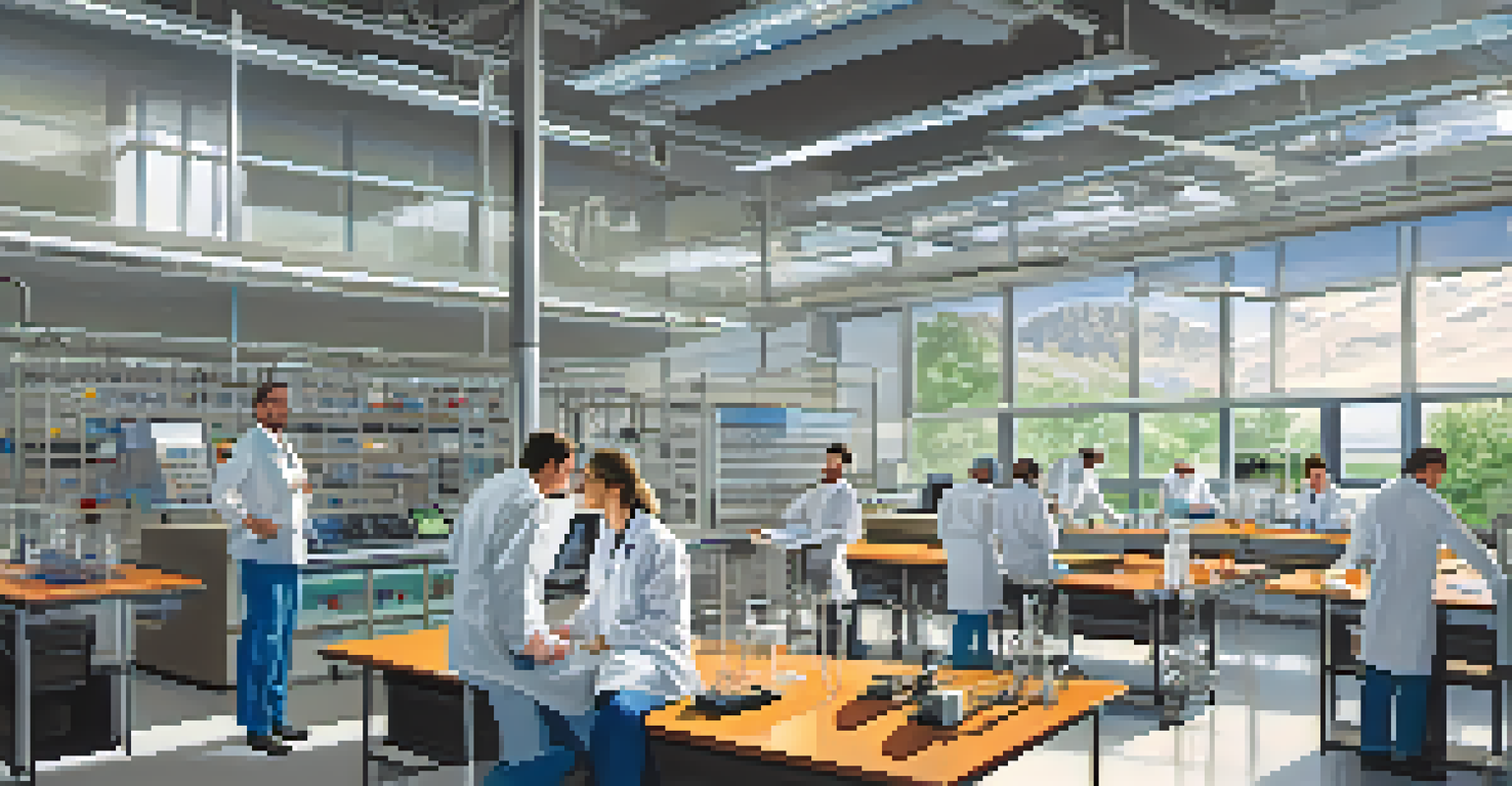 Scientists working in a laboratory at the University of Colorado Boulder, surrounded by solar panels and wind turbine models.
