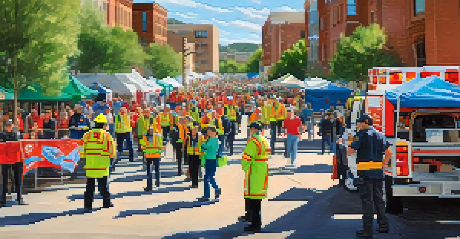 Local emergency responders and residents collaborating during an emergency drill in Boulder, with colorful banners and volunteers distributing supplies.