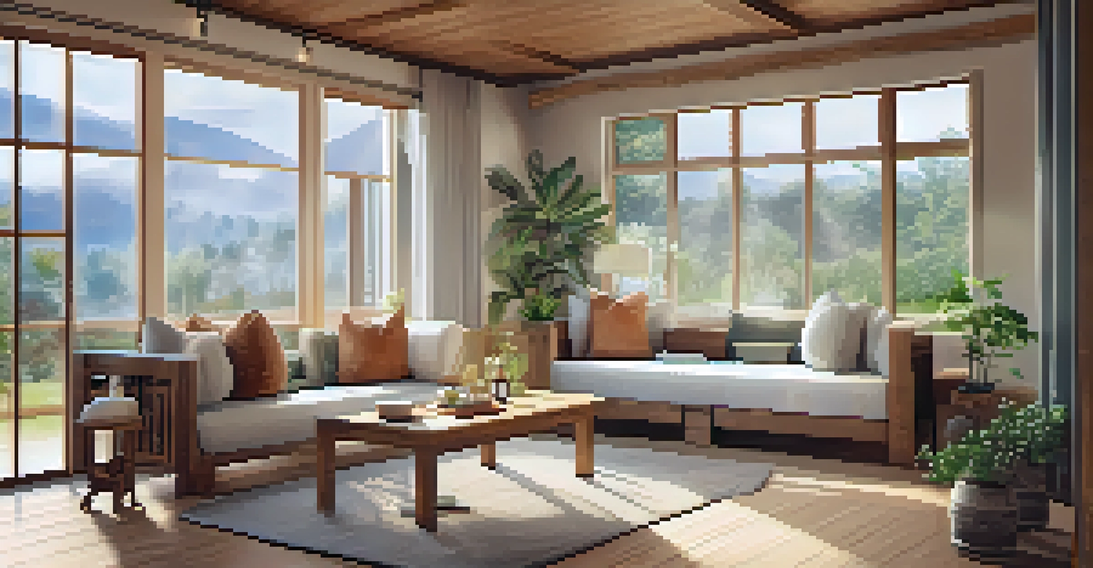 A cozy wellness retreat interior with wooden furniture, cushions, and natural light streaming through large windows.