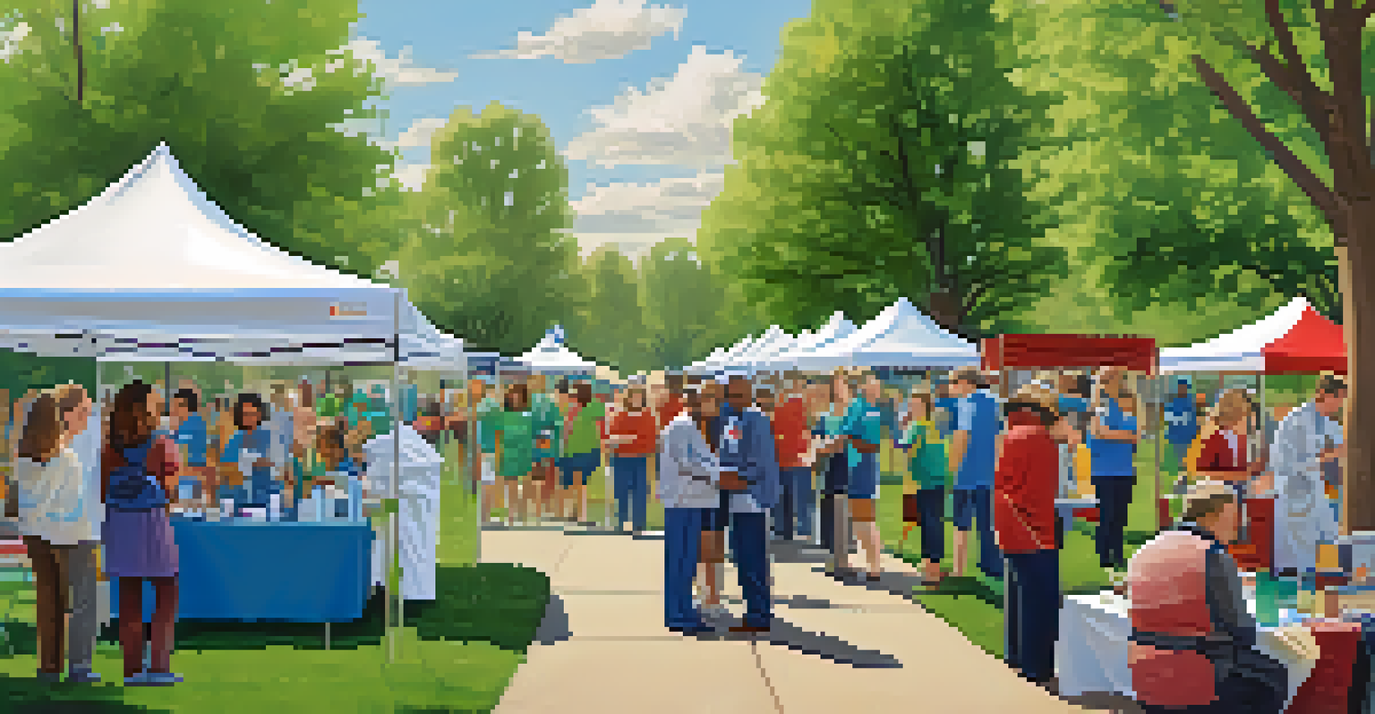 Healthcare professionals conducting health screenings at a community event in a park with families and informational booths.