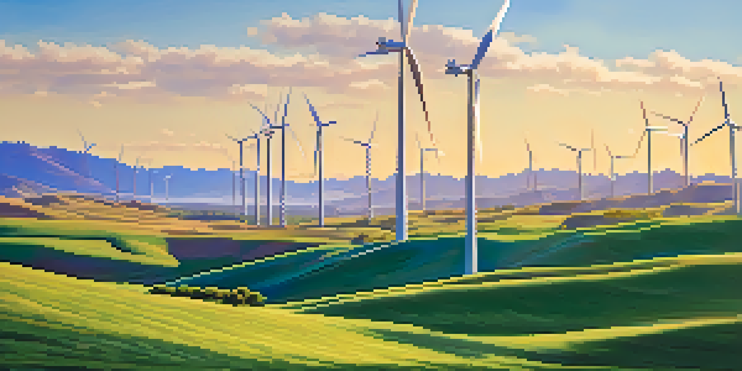A scenic landscape featuring a wind farm with multiple turbines against the Rocky Mountains in Boulder, Colorado, under a clear blue sky.