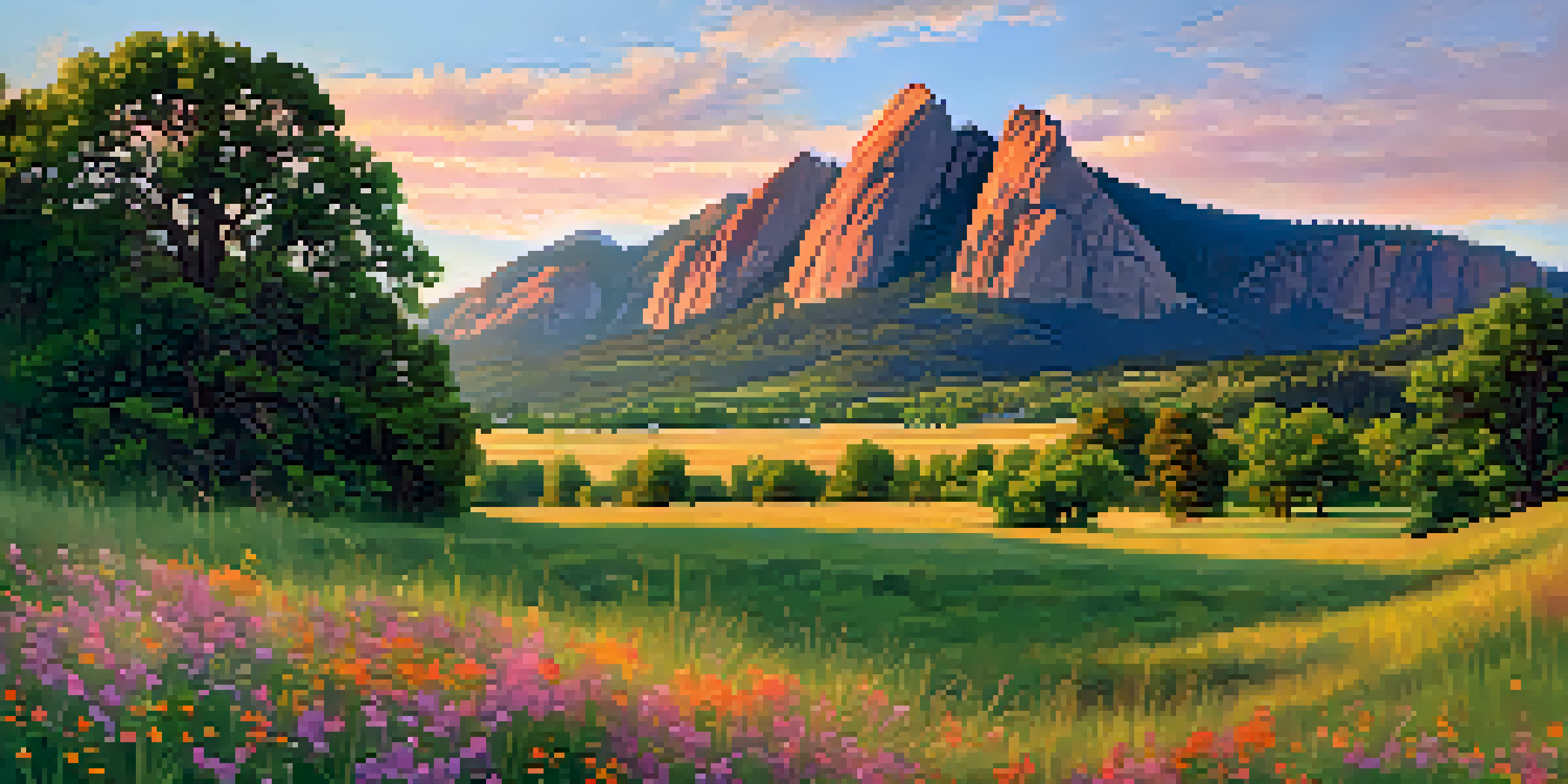 A beautiful sunrise over Chautauqua Park, highlighting the Flatirons mountains and colorful wildflowers.