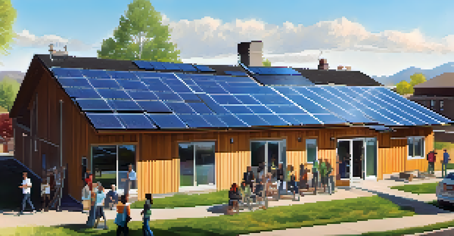 A close-up of solar panels in Boulder with community members discussing renewable energy initiatives.