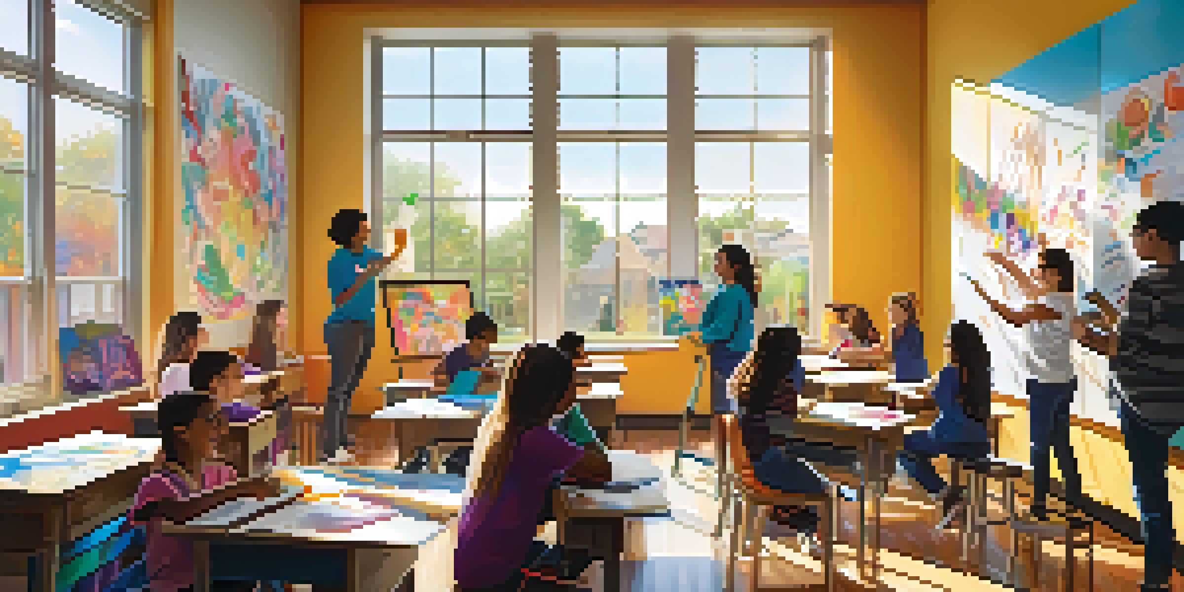 A classroom with diverse students painting a mural together, surrounded by art supplies and sunlight.