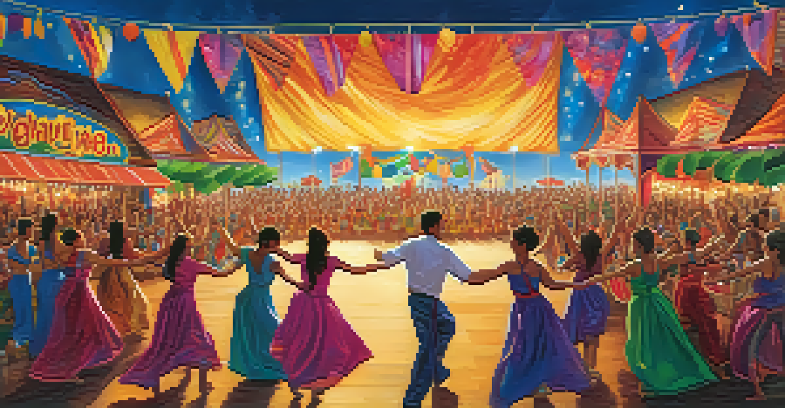 A dance performance at Boulder Community Fair with dancers in colorful costumes and an engaged audience.