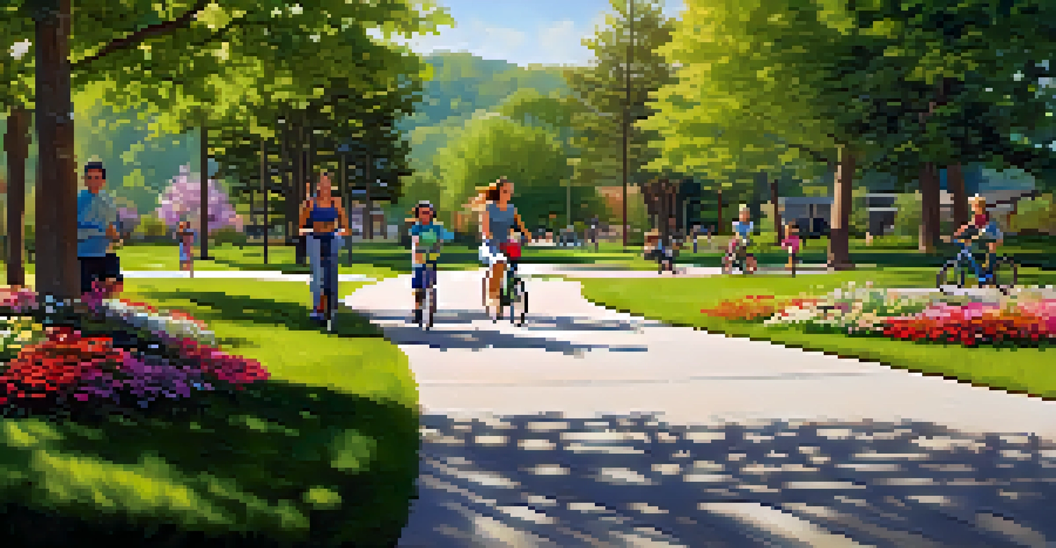 A happy family riding bikes on a smooth path in East Boulder Community Park, with picnic areas and playgrounds in the background.