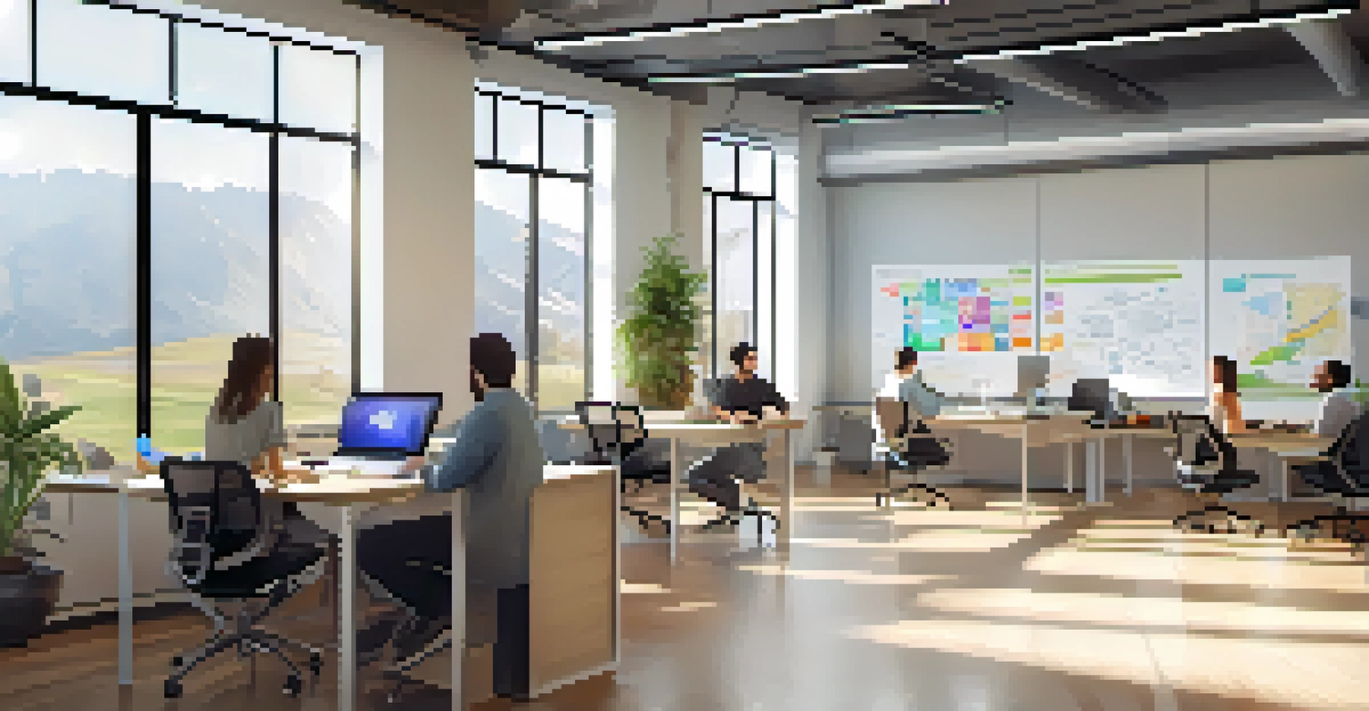 An open and bright workspace in a Boulder tech office with team members collaborating over a laptop and a whiteboard filled with ideas.