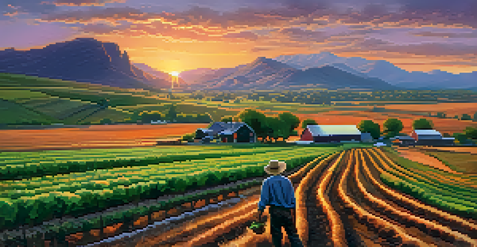 A serene sunset view of a Boulder farm with a farmer harvesting vegetables and a backdrop of the Rocky Mountains.