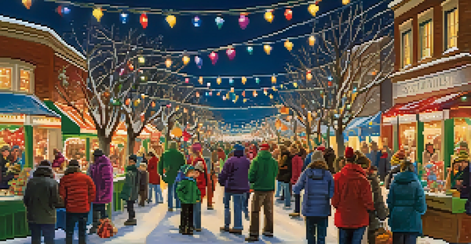 A lively winter festival in downtown Boulder with families enjoying holiday activities and colorful decorations.