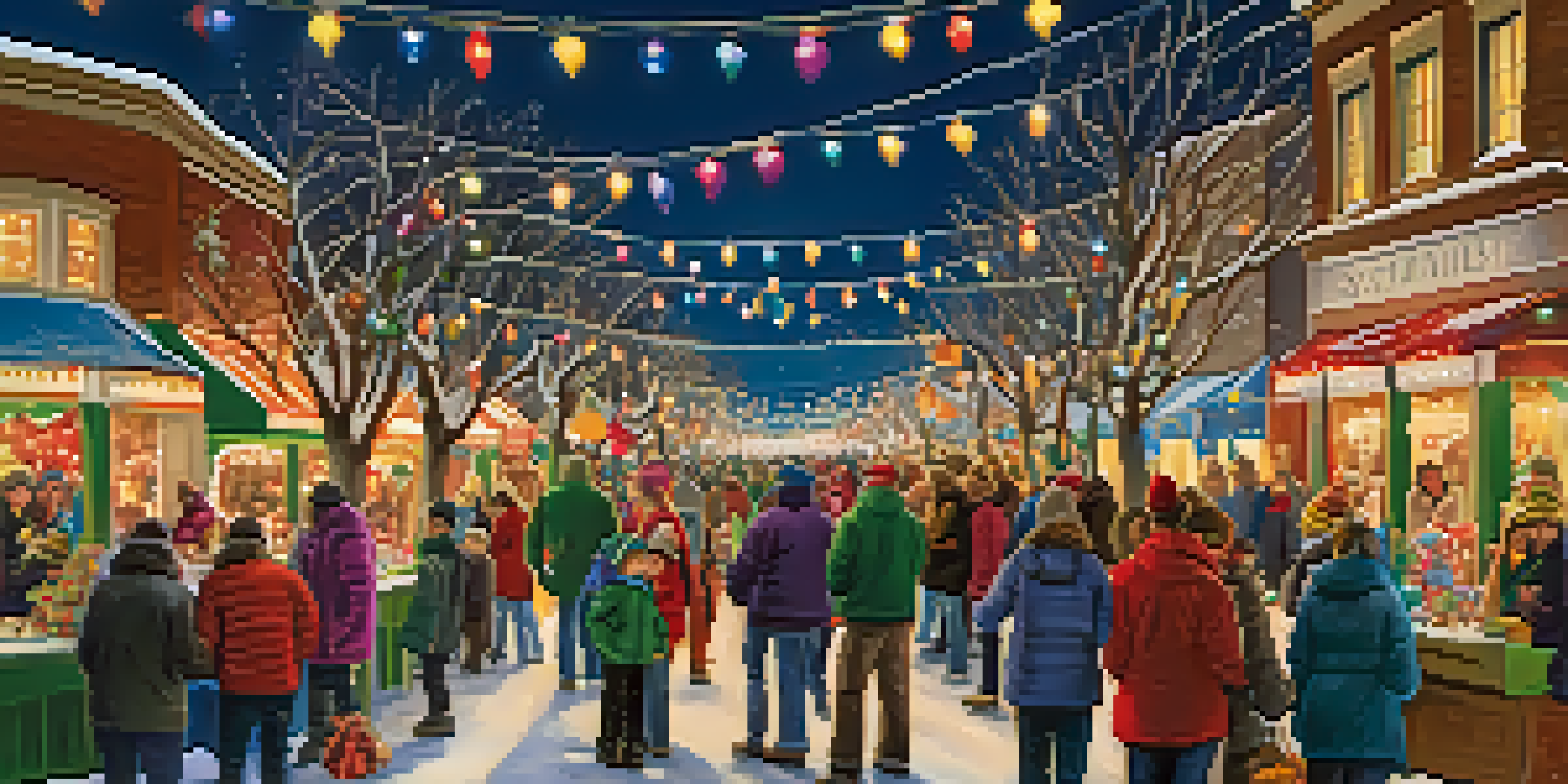 A lively winter festival in downtown Boulder with families enjoying holiday activities and colorful decorations.