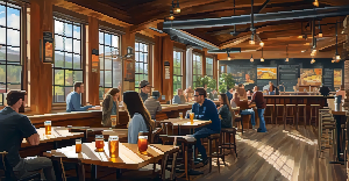 A warm and inviting interior of a craft brewery with patrons enjoying drinks, local artwork on the walls, and sunlight streaming through large windows.
