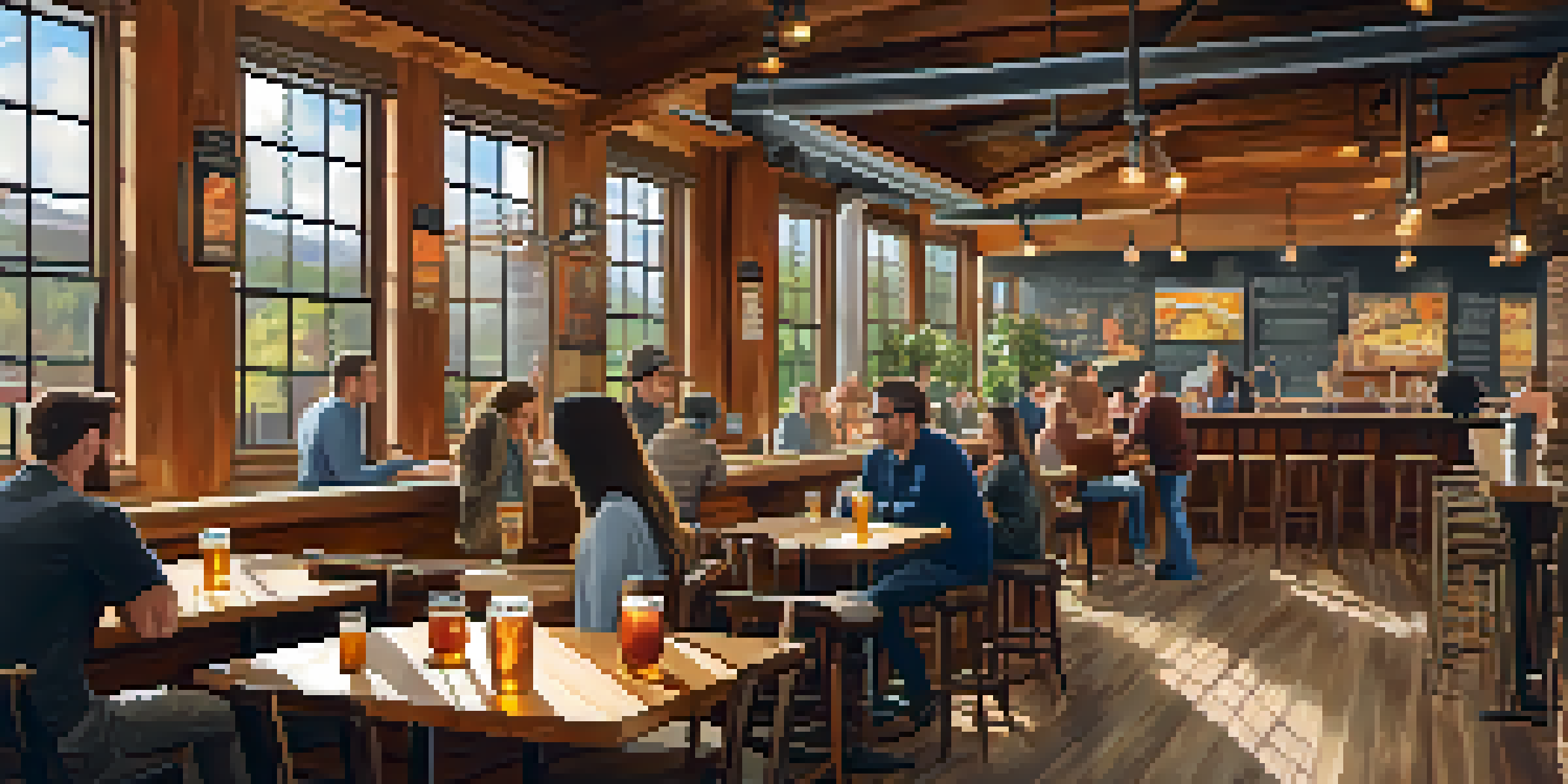 A warm and inviting interior of a craft brewery with patrons enjoying drinks, local artwork on the walls, and sunlight streaming through large windows.