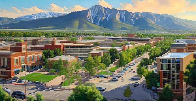 A wide-angle view of Boulder, Colorado, featuring tech startups, green spaces, and the Rocky Mountains in the background.