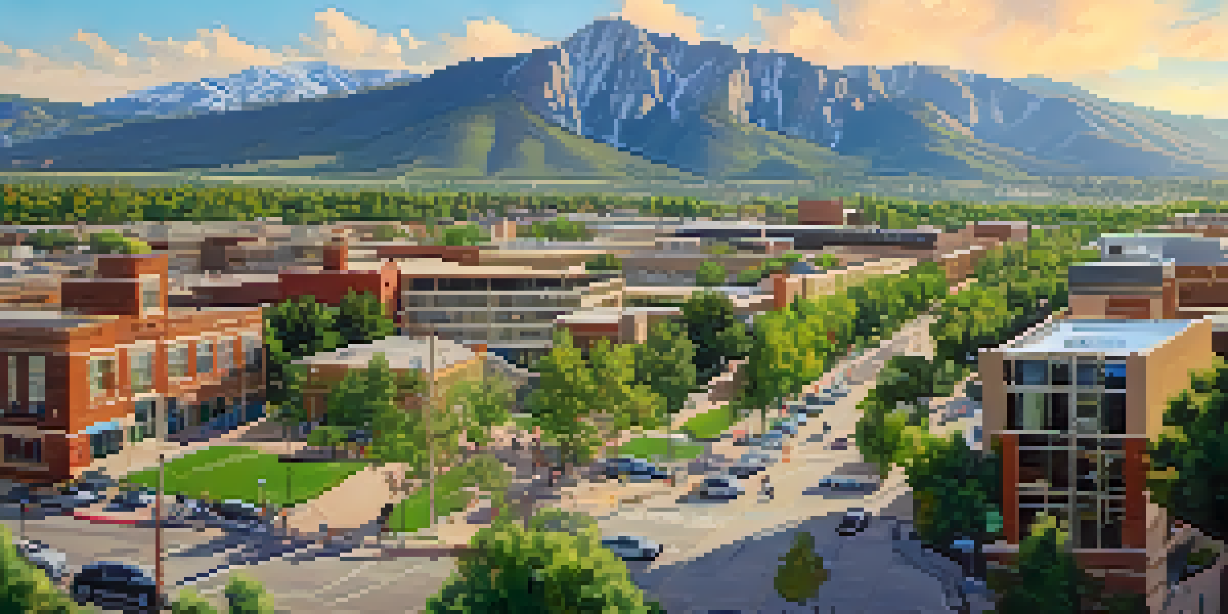 A wide-angle view of Boulder, Colorado, featuring tech startups, green spaces, and the Rocky Mountains in the background.