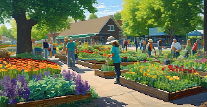 A lively community garden in Boulder with diverse vegetables and flowers, featuring gardeners working together under sunlight.