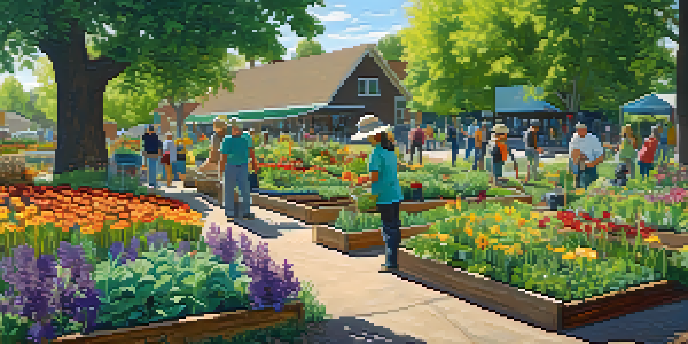 A lively community garden in Boulder with diverse vegetables and flowers, featuring gardeners working together under sunlight.