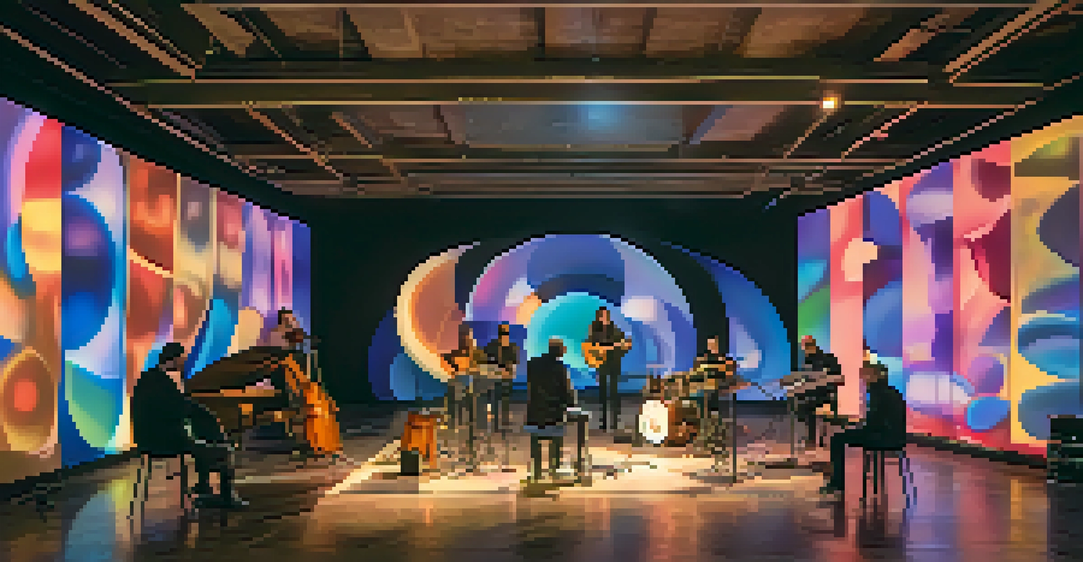 Local musicians performing in a dimly lit space, with colorful visuals projected around them, creating an immersive art experience.