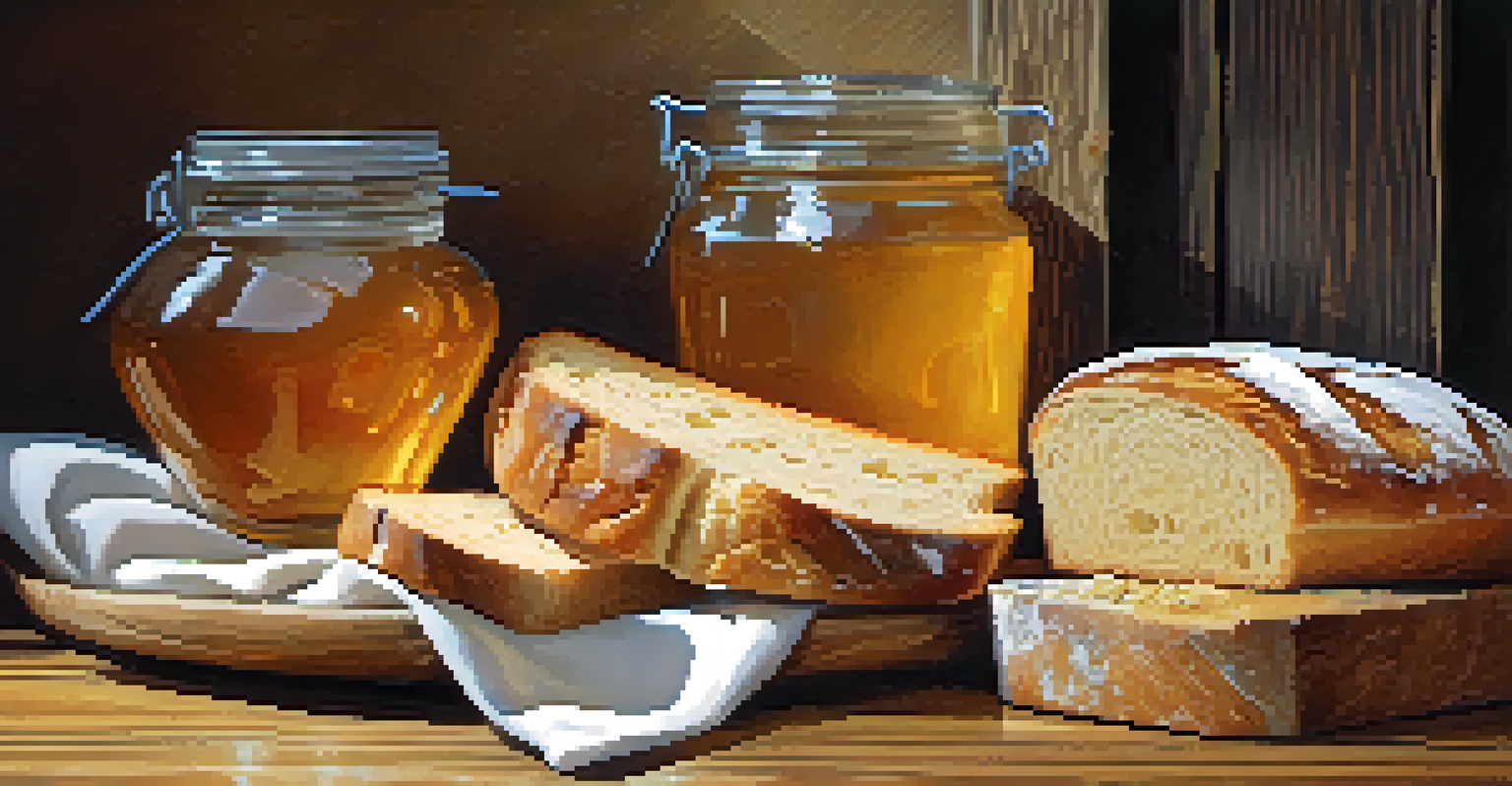 A rustic wooden table displaying various artisanal breads and a jar of local honey, illuminated by soft natural light.