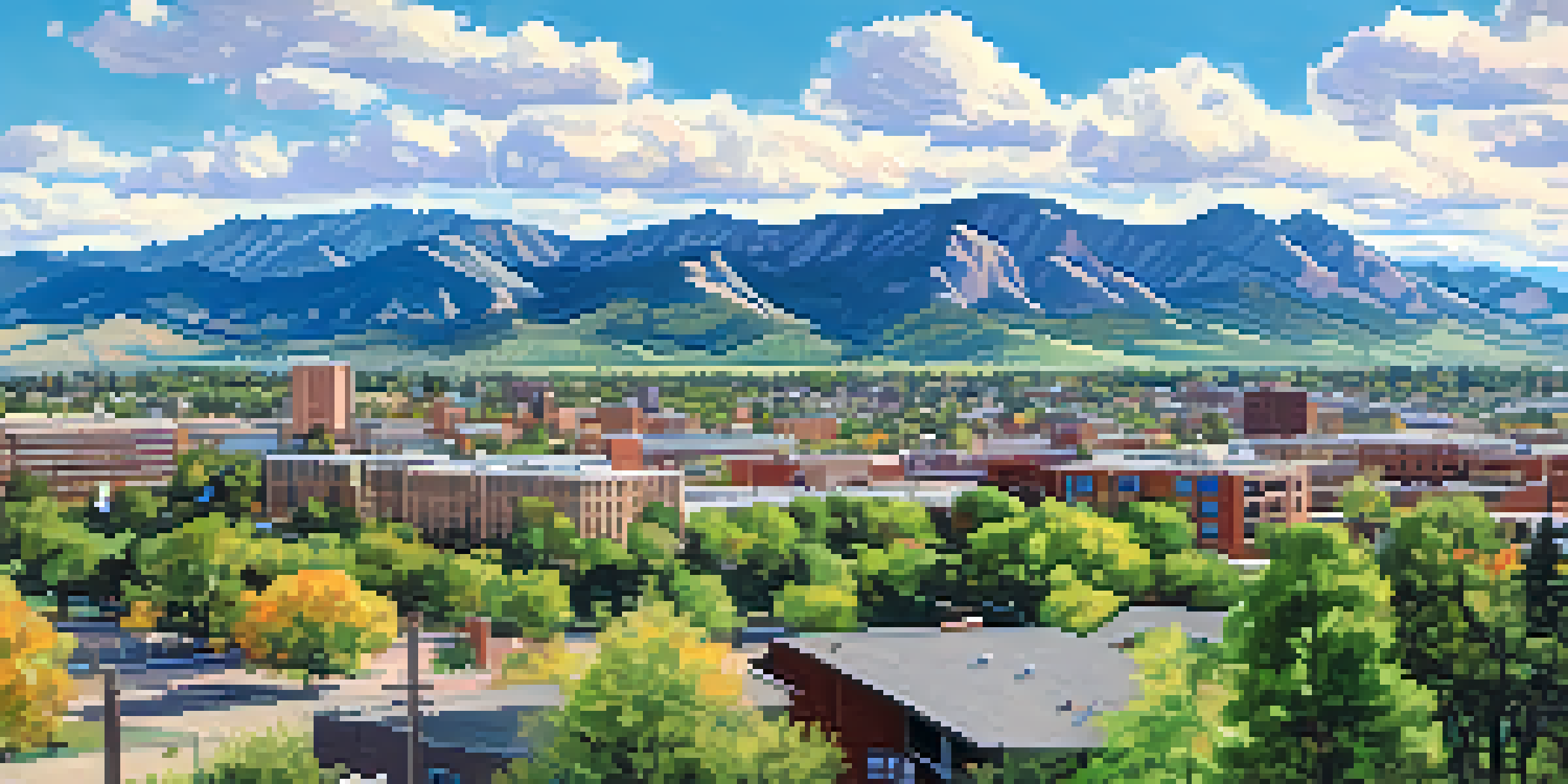 A panoramic view of Boulder, Colorado, featuring modern city buildings and greenery with the Flatirons mountains in the background under a blue sky.