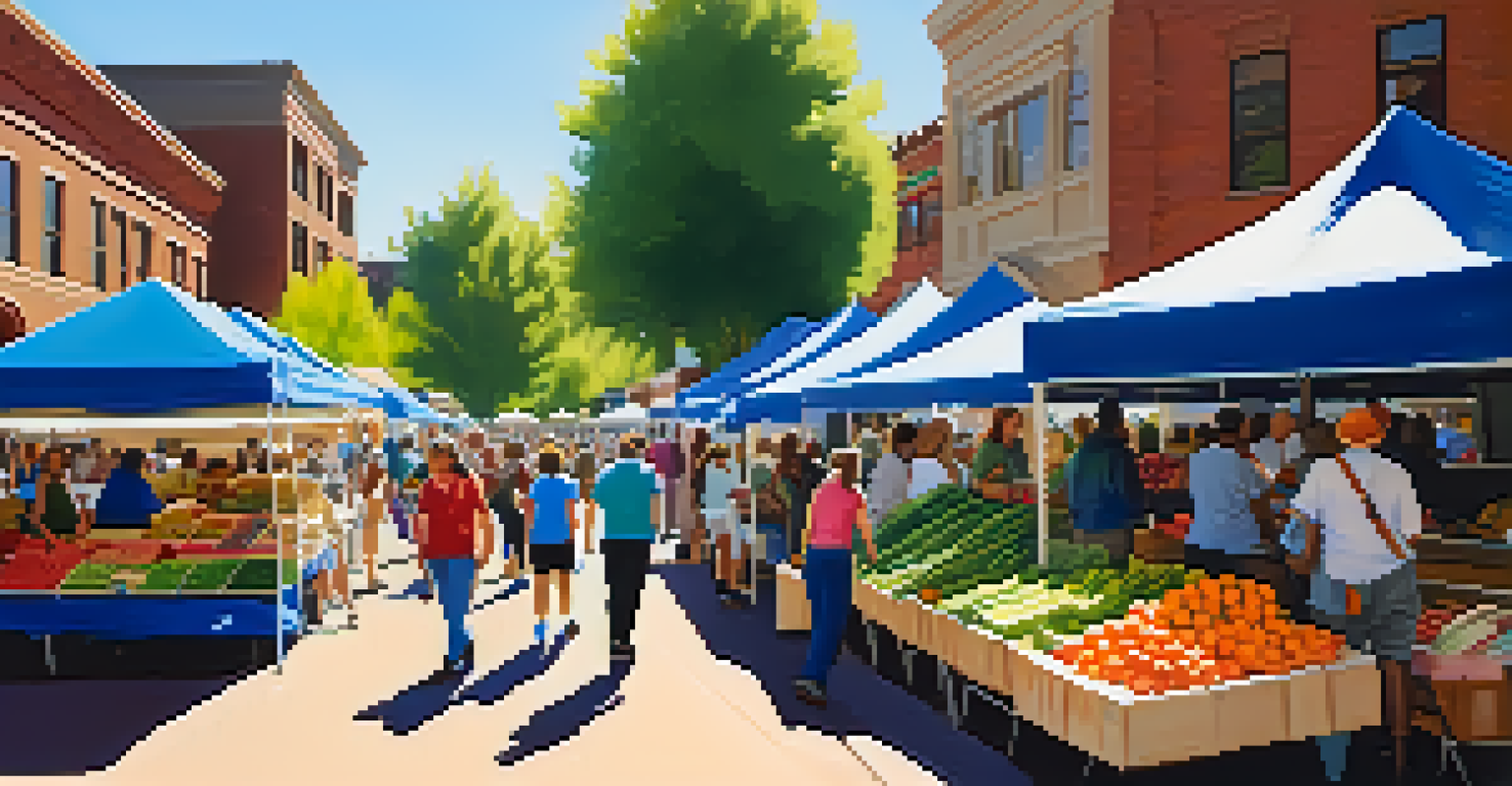 A lively farmers market in Boulder with stalls of fresh produce and people shopping, surrounded by trees and sunlight.