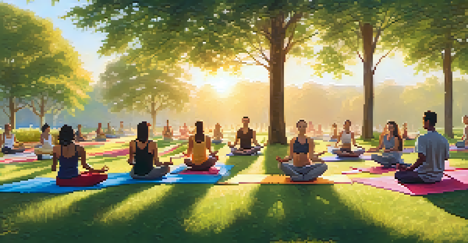 A group of people practicing yoga outdoors at sunrise in a green park, with colorful mats and warm sunlight.