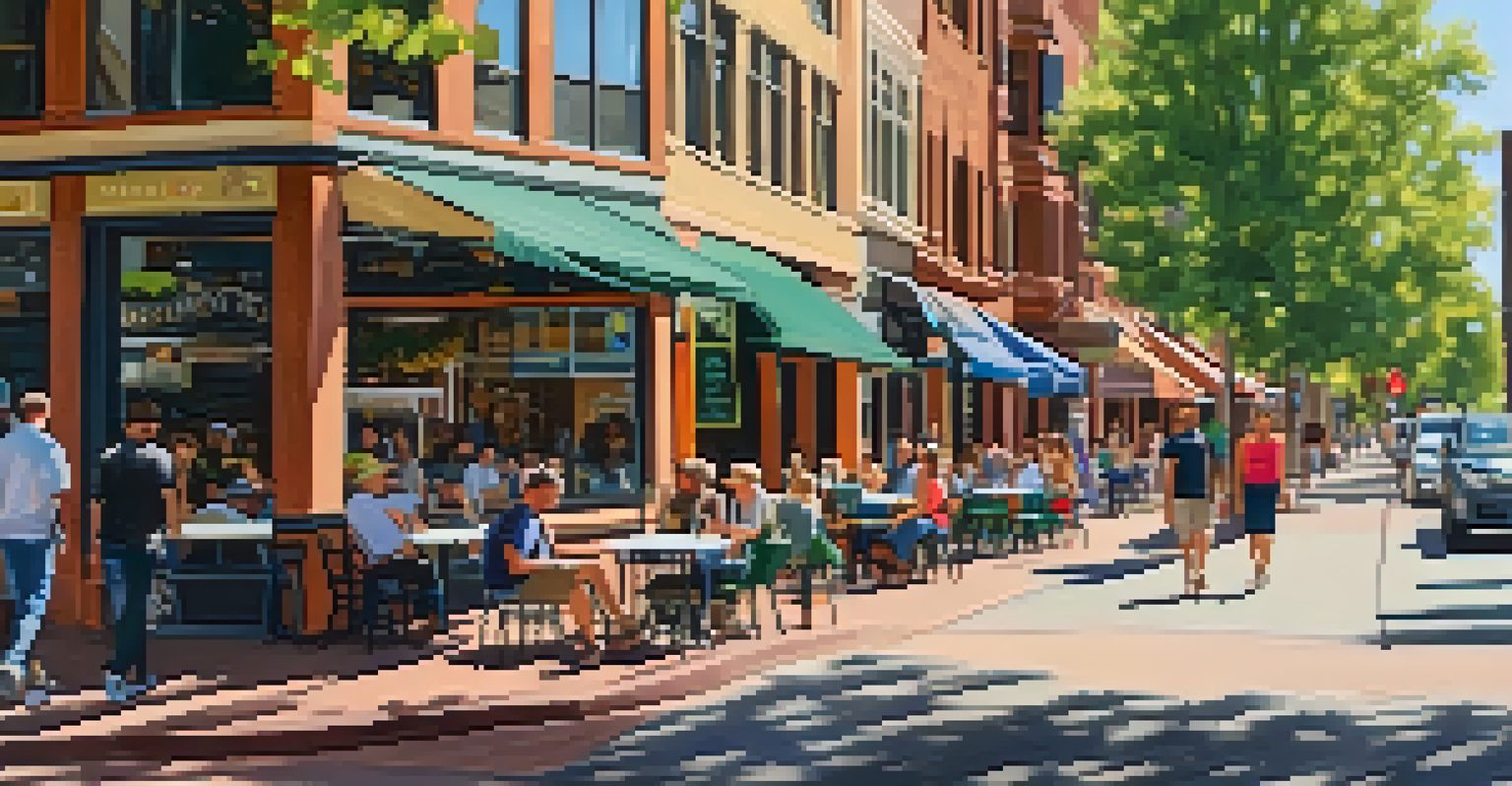 A lively street scene on Pearl Street Mall in Boulder, filled with colorful stores and pedestrians enjoying the day.