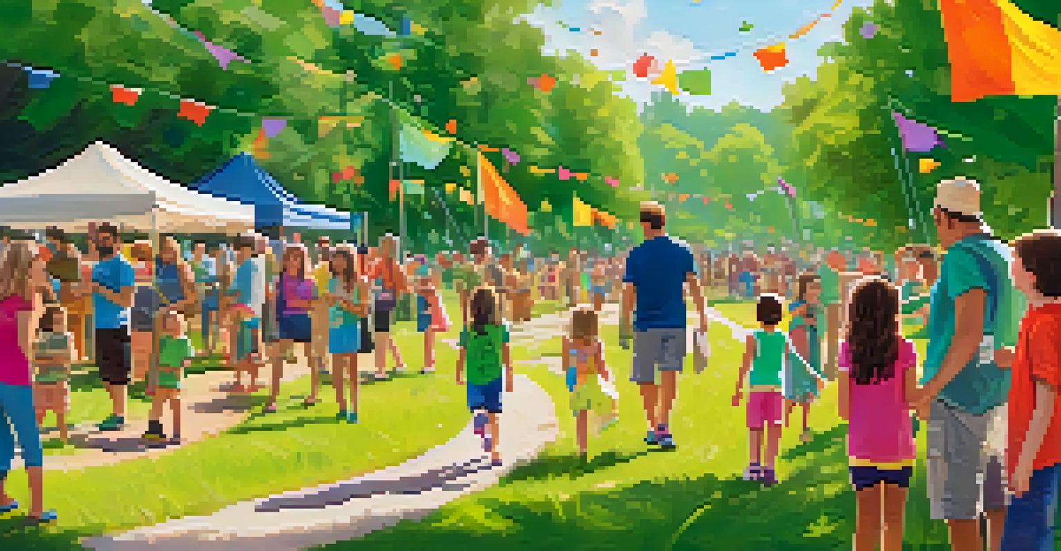 A family engaged in a nature scavenger hunt in a green park during an eco-festival, with colorful flags and festival activities in the background.