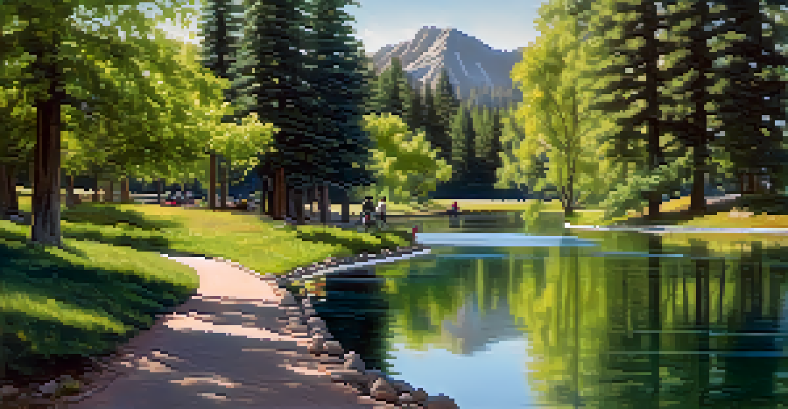 A tranquil view of Wonderland Lake with bikers on a trail and reflections of nature in the water.