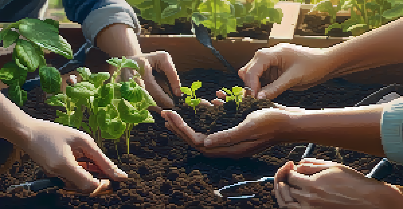 Close-up of diverse hands planting seeds in a community garden, symbolizing collaboration and sustainability.