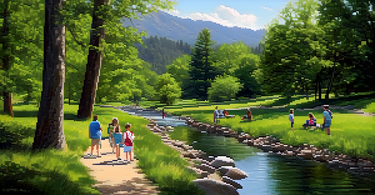 A family-friendly hiking path alongside Boulder Creek with picnic spots and children playing.