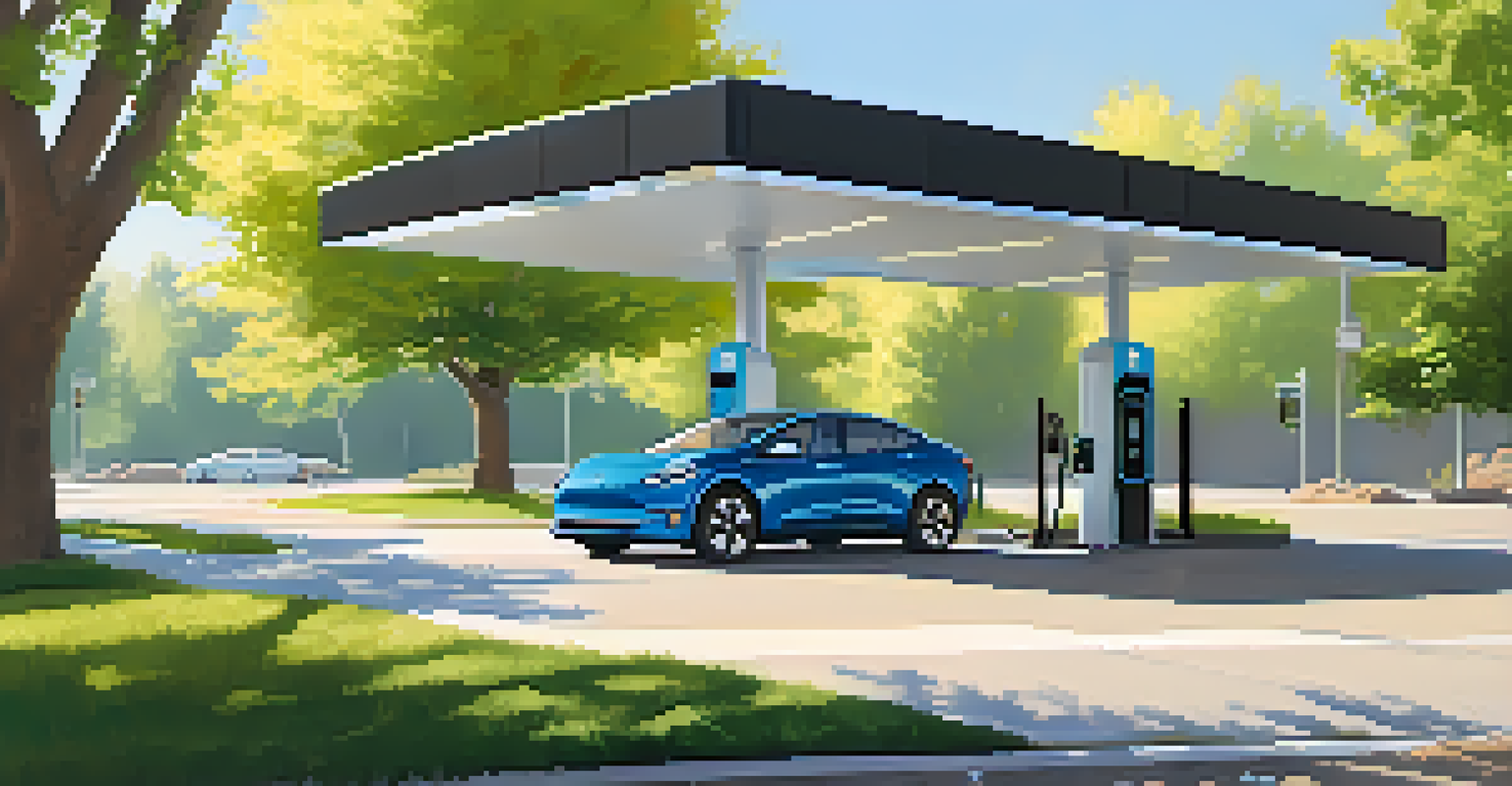 A modern electric vehicle charging station surrounded by trees and greenery in Boulder, Colorado, under a clear blue sky.