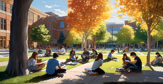 A group of diverse students collaborating on a project outdoors at CU Boulder, with modern buildings in the background and sunlight filtering through tree leaves.