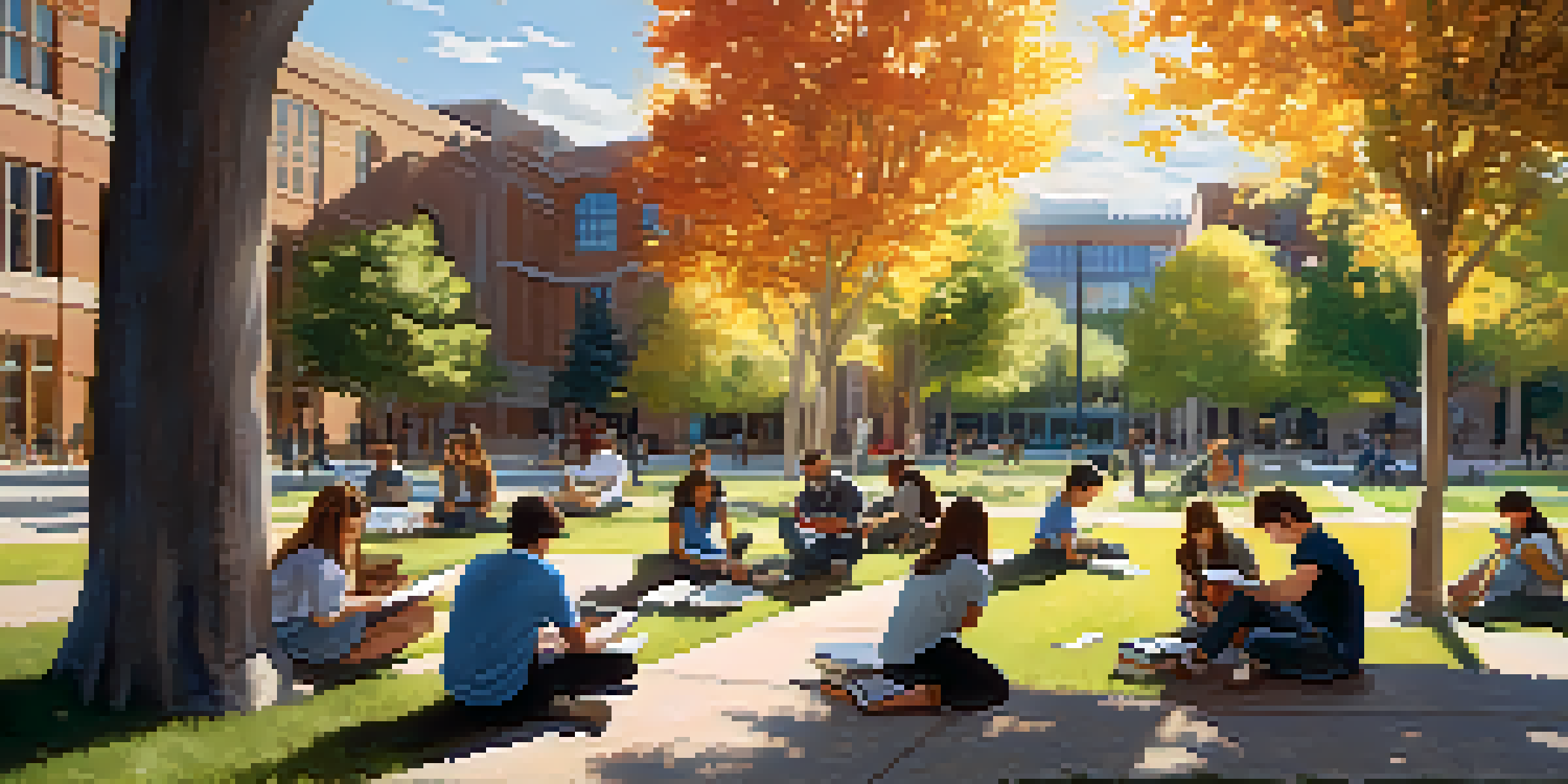 A group of diverse students collaborating on a project outdoors at CU Boulder, with modern buildings in the background and sunlight filtering through tree leaves.