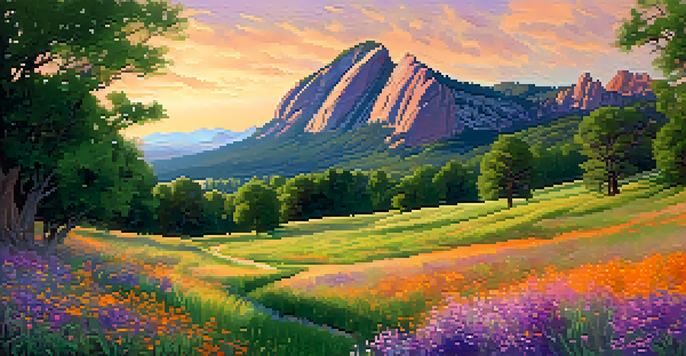 A scenic view of Chautauqua Park with the Flatirons mountains in the background at sunset, featuring a green meadow with wildflowers and people walking on a trail.