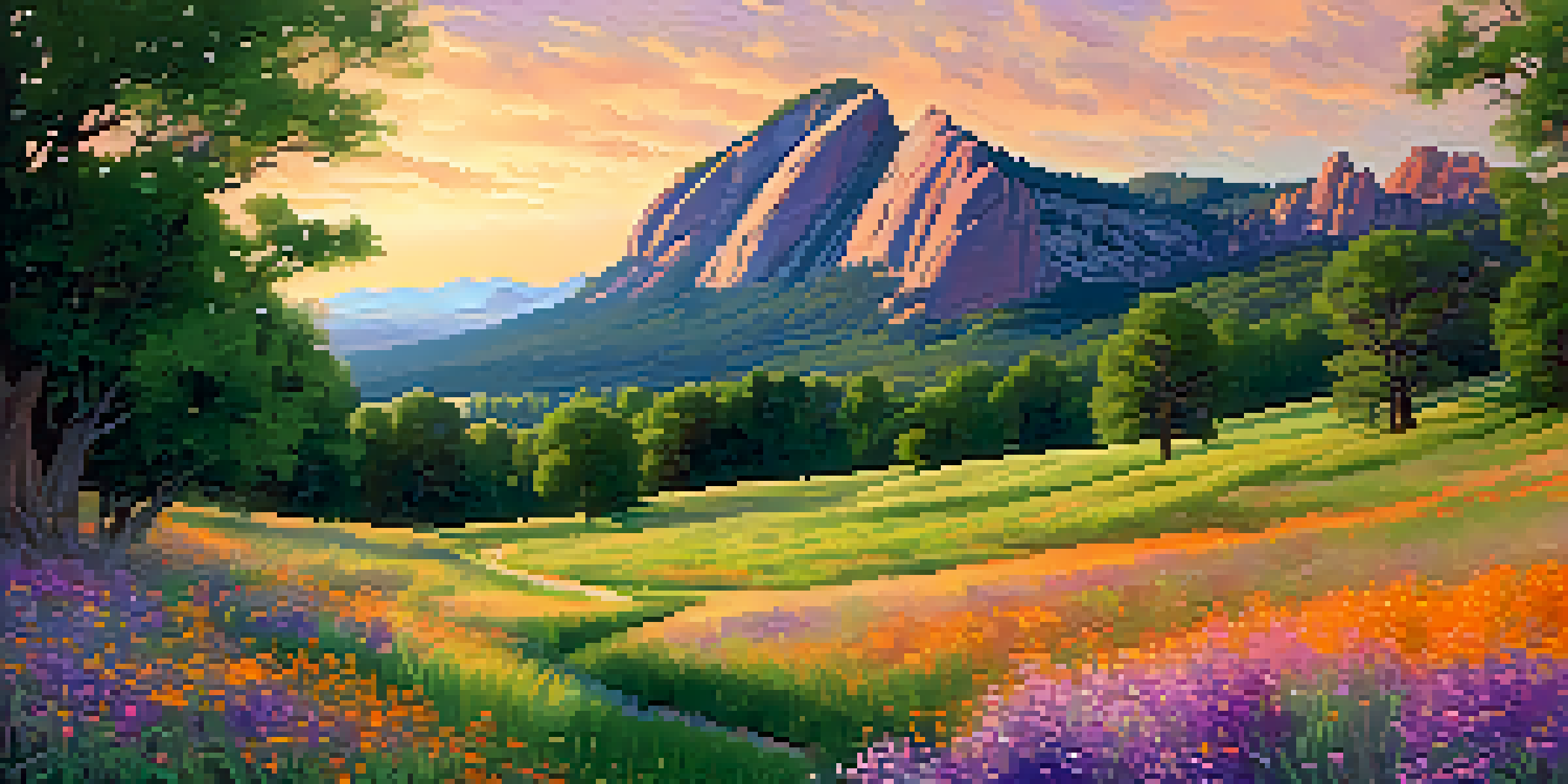 A scenic view of Chautauqua Park with the Flatirons mountains in the background at sunset, featuring a green meadow with wildflowers and people walking on a trail.