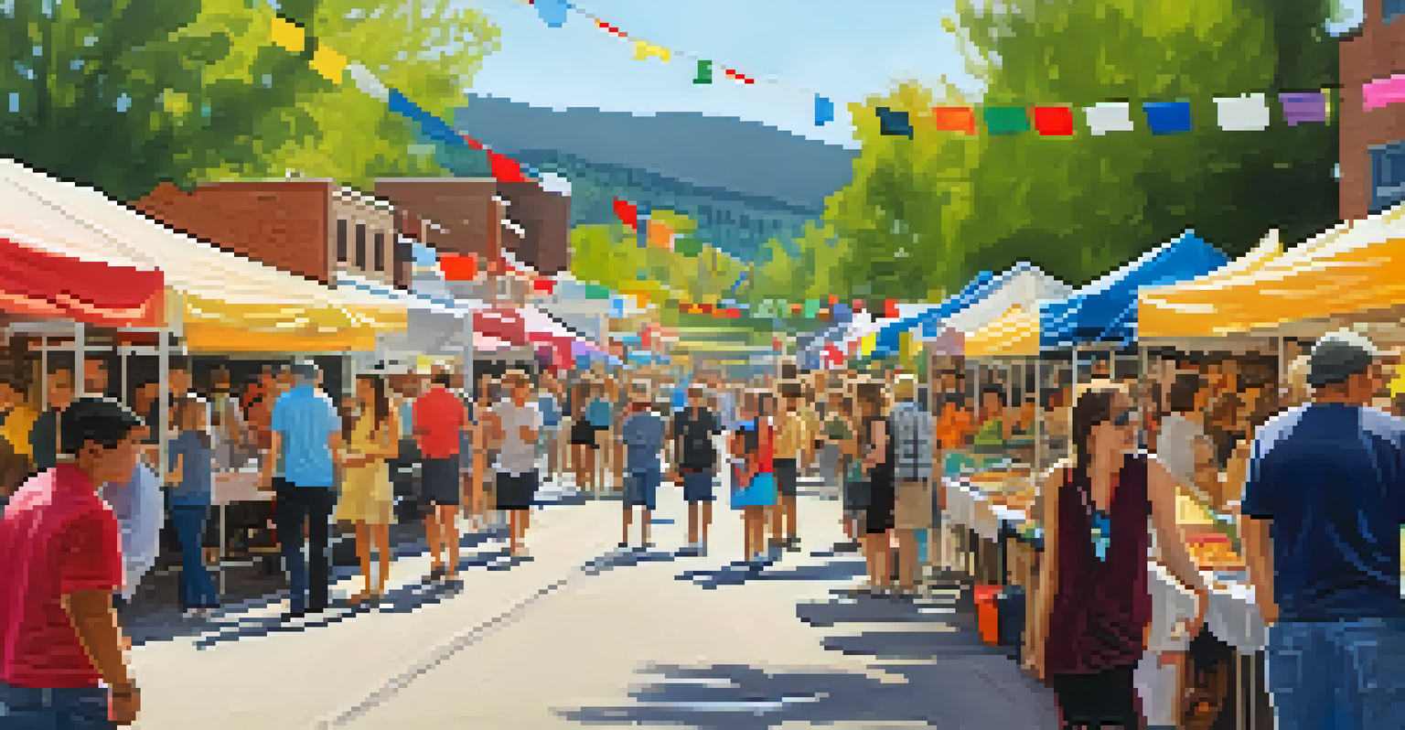 A lively street festival in Boulder, featuring food stalls and guided tours of historic sites, with colorful decorations and people enjoying the event.