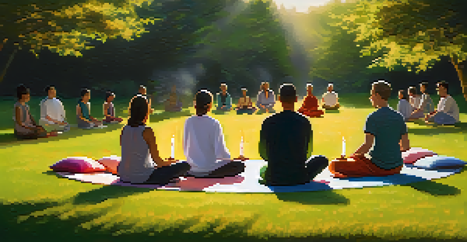 Participants meditating in a circle on grass during a retreat, surrounded by colorful cushions, candles, and a warm sunset glow.
