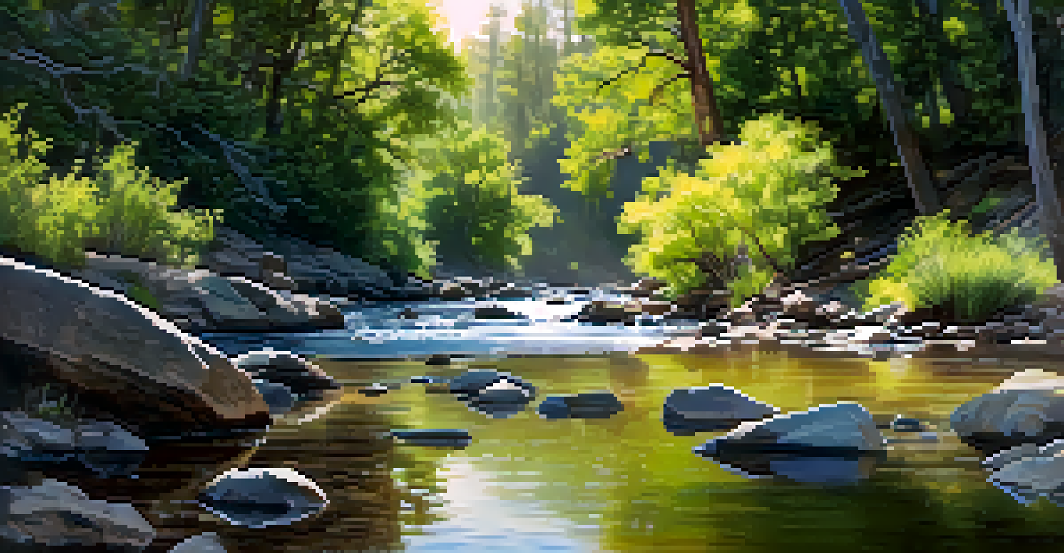 A peaceful view of Boulder Creek with birds and fish in a lush green setting.