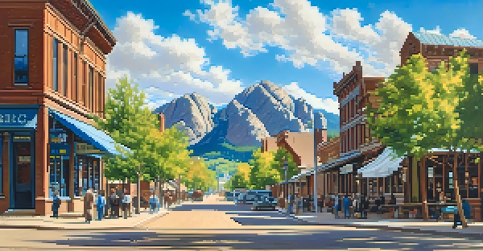 A historic scene of Boulder, Colorado in the late 1800s with wooden buildings, settlers, and the Flatirons in the background.