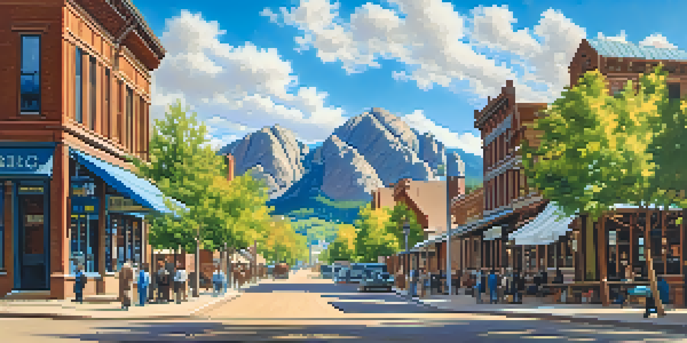 A historic scene of Boulder, Colorado in the late 1800s with wooden buildings, settlers, and the Flatirons in the background.