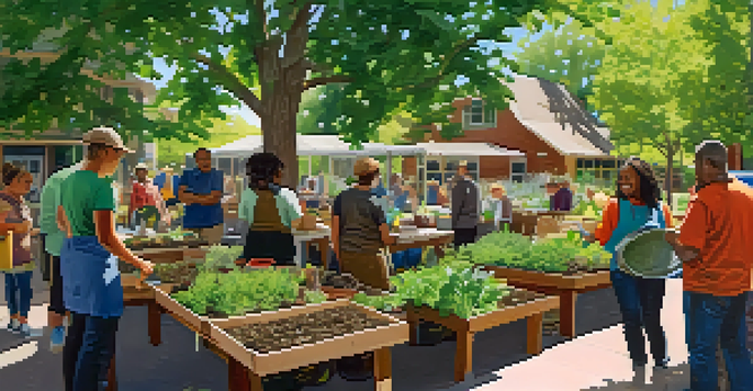 A diverse group of residents participating in a community workshop about composting and gardening under bright sunlight.