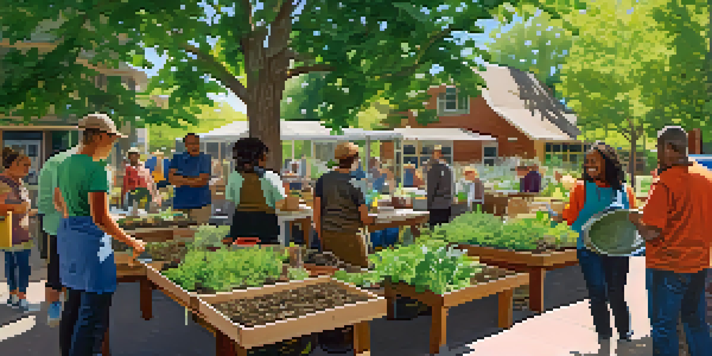 A diverse group of residents participating in a community workshop about composting and gardening under bright sunlight.