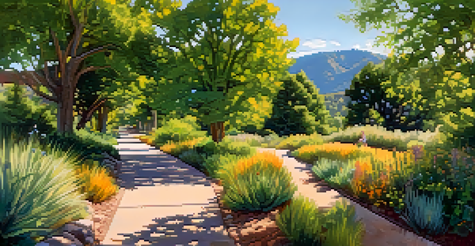 A sunny pedestrian path in Boulder, Colorado, with people enjoying the outdoors surrounded by greenery and mountains.