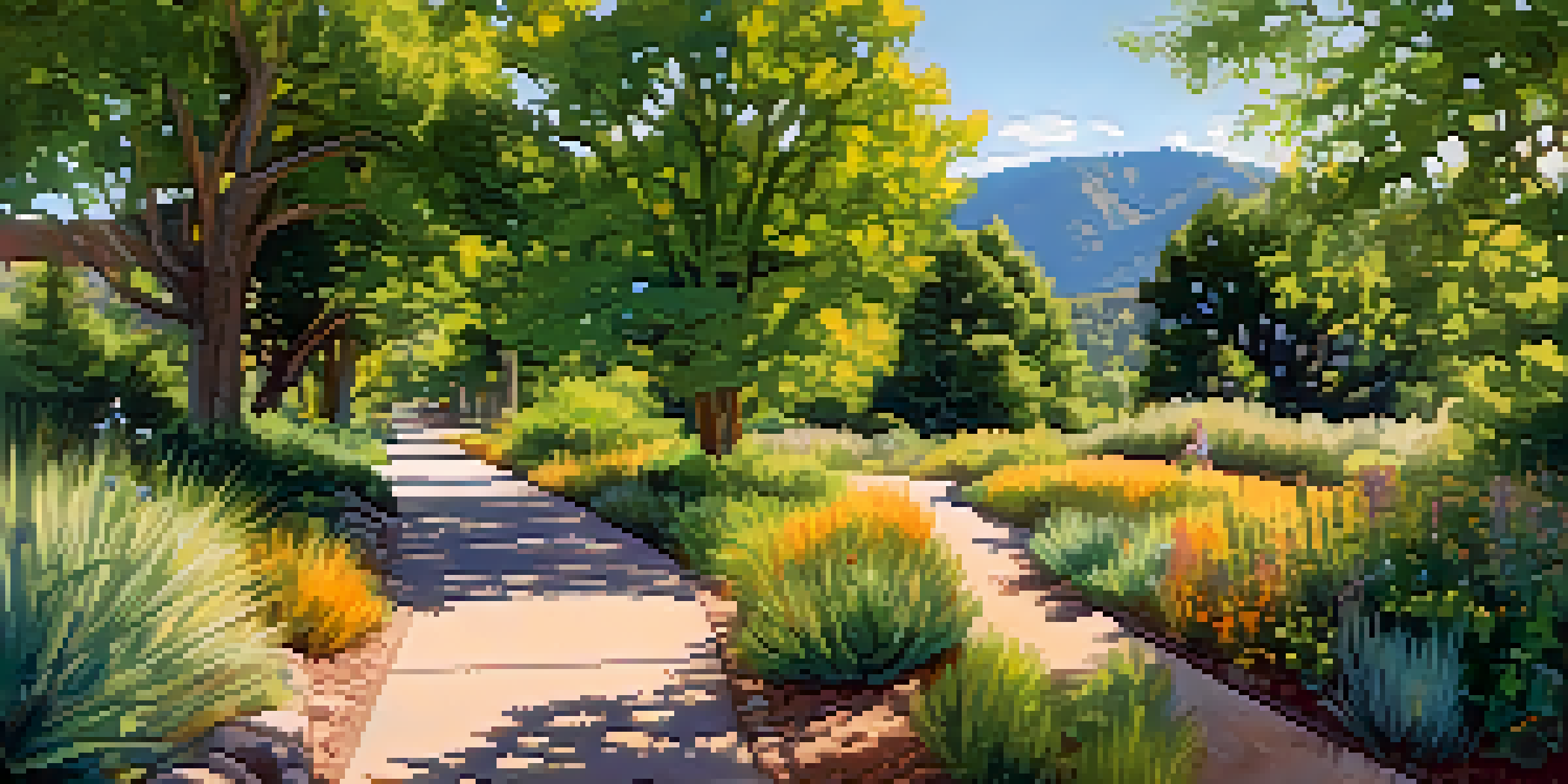 A sunny pedestrian path in Boulder, Colorado, with people enjoying the outdoors surrounded by greenery and mountains.